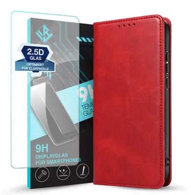 Produktbild von Handyhülle für Xiaomi Redmi A7 Pro mit 9H Displayglas Kunstleder Flip Cover Hülle Handytasche Case Kartenfach Farbe: Rot