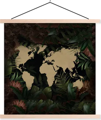 Produktbild von MuchoWow® Textilposter Weltkarte - Blumen - Pflanzen 120x120 cm mit holzfarbenen Rahmen - Textil-Poster