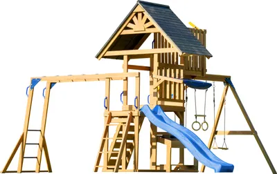 Produktbild von AXI Mitch Spielturm aus Holz in Braun mit Doppelschaukel | Spielplatz für Kinder mit blauer Rutsche, Schaukel, Trapez, Kletterwand, Aussichtsturm &