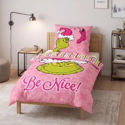 Produktbild von Der Grinch Bettwäsche 135x200 cm Weihnachten Be Nice, Mikrofaser, 2 teilig, Rosa Wendebettwäsche mit Weihnachtsmotiv, Zuckerstangen & Sternen