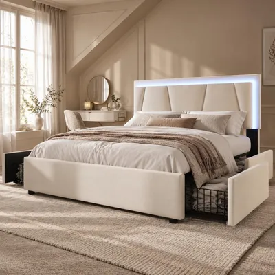 Immagine prodotto di Letto imbottito Flieks 160x200cm con 4 cassetti, letto per ragazzi letto matrimoniale con rete a doghe, letto contenitore letto in legno con LED, lino, beige