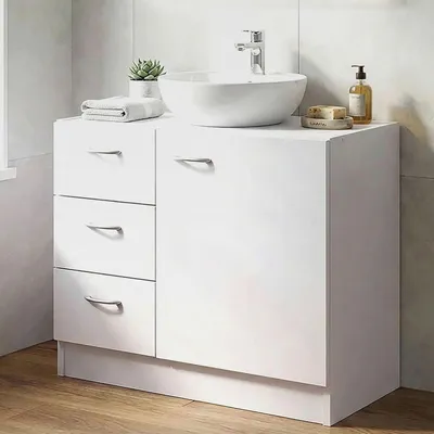 Produktbild von FineBuy Waschbecken-Unterschrank 54 x 63 x 30 cm weiß mit 1 Tür und 3 Schubladen, Unterstellschrank Bad mit Siphonausschnitt, Bad-Schrank klein Waschbecken Weiß