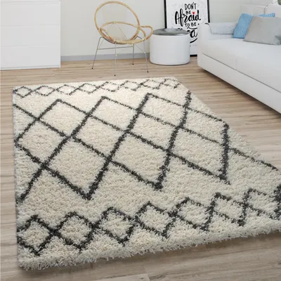 Produktbild von Hochflor Teppich Wohnzimmer Shaggy Langflor Modernes Boho Skandi Rauten Muster Grösse 120 cm Rund