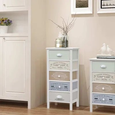 Two narrow chests of drawers with multiple drawers, one larger and one smaller, are placed next to each other against a plain wall. The drawers have different colored fronts and are decorated with text. A white cabinet is visible on the left. The scene is 