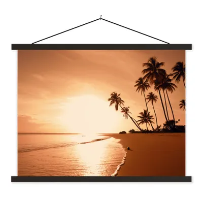 Produktbild von MuchoWow® Textilposter Sonnenuntergang - Tropisch - Palme - Strand - Meer 150x113 cm mit holzfarbenen Rahmen - Poster