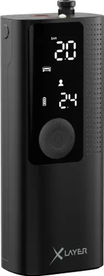 A black portable air compressor with a digital display.