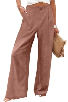 Produktbild von ASKSA Damen Weite Bein Hose Hohe Taille Leichte Sommerhose Palazzo Baggy Casual Freizeithose mit Taschen Aprikose L