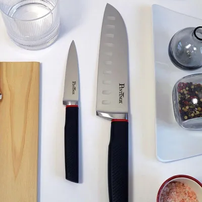 Immagine prodotto di Pinti Coltello Santoku Professionale Living – Acciaio Inox Alta Qualità – Manico Antiscivolo ergonomico nero e rosso – per tagli precisi di pesce, carne verdura –  Italy
