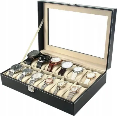 A black watch organizer box with a clear lid, filled with 12 watches.