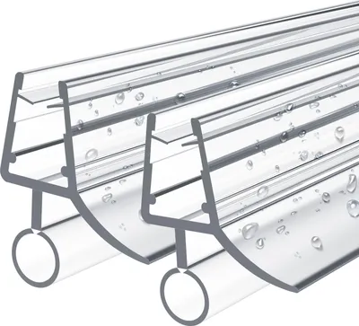 Two clear plastic shower door seals with water droplets on them, shown from a diagonal angle.