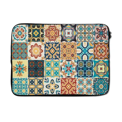 Produktbild von MuchoWow® Laptop Hülle 14 ZollBlumen - Vintage - Muster - Blau - Orange Laptoptasche - Laptoptasche - Stoßsicher - Schutzhaube