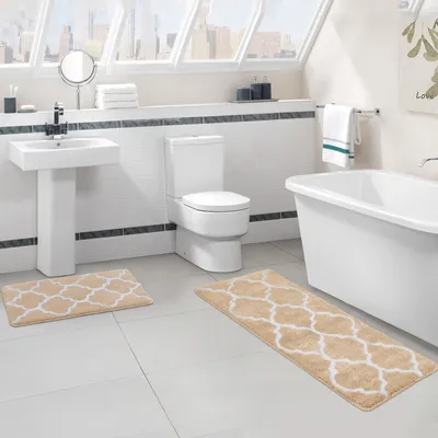Produktbild von 2-teilige Badematte rutschfeste geometrische Mikrofaser-Badematte saugfähig maschinenwaschbar -Beige