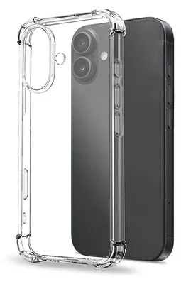 A clear phone case is shown next to a black smartphone.