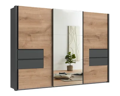 Obrázek produktu pro Skříň s posuvnými dveřmi Šatní skříň 312 cm Passep. Zrcadlo Zásuvka Šedý dubový Imitace / 22064