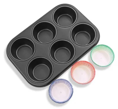 Zdjęcie produktu dla Forma do muffinek na 6 porcji, z powłoką antyadhezyjną, z foremkami, wymiary 27x18 cm