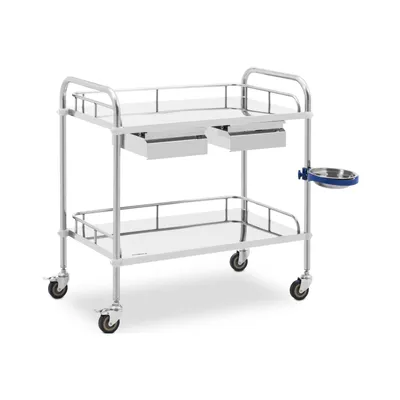 Zdjęcie produktu dla Wózek laboratoryjny Expondo Steinberg Systems – stal nierdzewna – 2 półki o wymiarach 74 x 44 x 13 cm – 2 szuflady – 20 kg