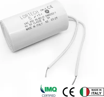 Zdjęcie produktu dla Kondensator silnikowy 5 µF z przyłączem kablowym – 450 V – Ø 30 mm x 55 mm