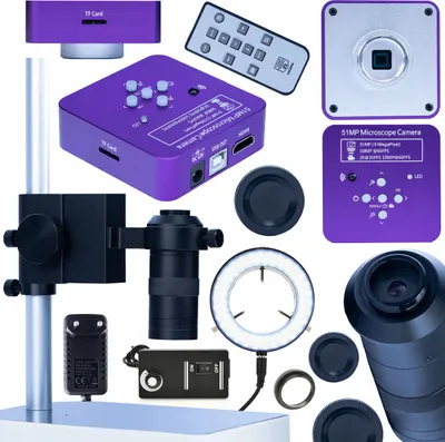 Produktbild von Rosfix Set Puppis Pink PRO 4-in-1 – Mikroskopkamera 51MP HDMI/USB, 100x C-Mount Objektiv, LED-Ringlicht, Aluminium-Stativ | 4K Video