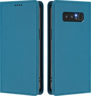 A blue flip case for a smartphone is shown from the front and back.
