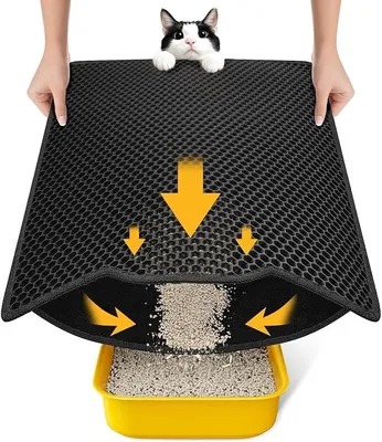 Produktbild von PolkaHome® Katzenstreu Matte 60x37 cm – Wabenmuster, wasserdicht, rutschfest, doppellagig, Katzenklo Matte für Katzenstreu, Schwarz