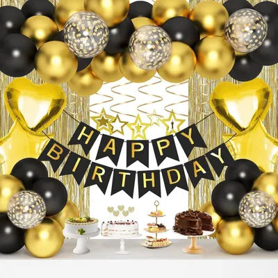 Image de Kit de décoration pour anniversaire : bannière "Joyeux anniversaire" noir et or, rideaux décoratifs, ballons, guirlandes