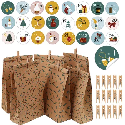 Productafbeelding van Adventskalender om zelf te vullen, 24 stuks, met cijferstickers en houten klemmetjes, kerstmotief, 12x6x23,5 cm