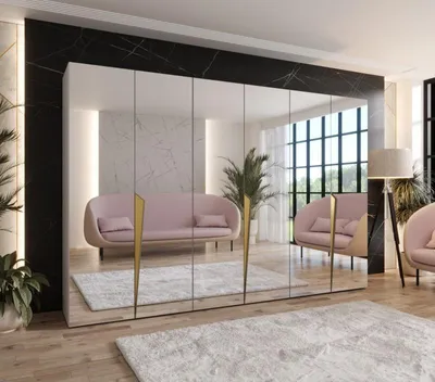 Obrázek produktu pro Velká šatní skříň 300 cm SORAYA 3 se zrcadlem - kašmír / zlaté úchyty