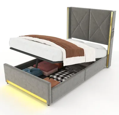 Produktbild von Einzelbett 90x200 cm mit LED, Bettkasten & USB – Samtbett mit hohem Kopfteil, Seitentaschen, Goldrand, Hydraulik, Grau