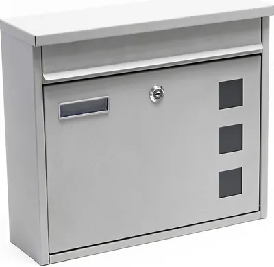 Image de Wiltec Boîte aux lettres murale V12, Verrouillable, Argentée, Acier galvanisé, 360 x 115 x 320 mm, avec Clapet, Fenêtres et Porte-nom