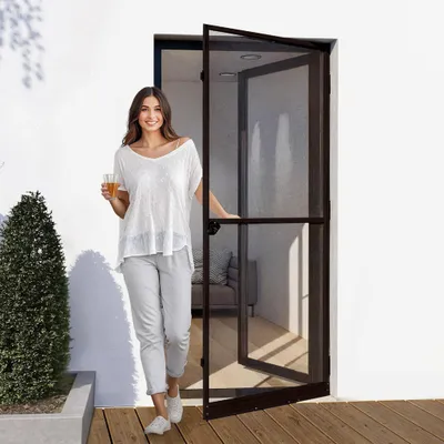 Produktbild von JALOUSIESCOUT Insektenschutz-Fliegengittertür ProtectLine, 100 x 210 cm, anthrazit-braun Aluminiumrahmen, selbstschließend  Trittschutz  kürzbar