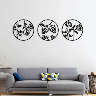 Produktbild von Botanische Metallwandkunst, Satz von 3 runden Paneelen, schwarzes Blumendesign, moderne Heimdekoration - Schwarz / Medium (20 "X20"/50X50CM)