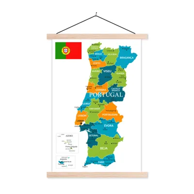 Produktbild von MuchoWow® Textilposter Bunte Karte von Portugal mit Inseln und Flagge 120x180 cm mit holzfarbenen Rahmen - Textil-Plakat