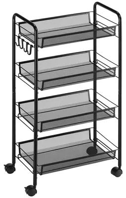 Produktbild von Küchenwagen mit Rollen - 4 Ebenen - 4 Haken - Metallrahmen - Maximale Belastung 12 kg - 45 × 26,5 × 84 cm - Schwarz