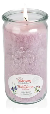 Productafbeelding van Candle Factory Mini Jumbo geurkaars, gemaakt van plantaardige stearine, in een hittebestendig glazen pot van het merk Weck®, brandduur ongeveer 70 uur, geur: wilde bloemen