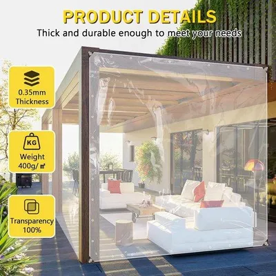 Immagine prodotto di Telo da tetto in PVC trasparente, 3x3 metri, 400 g/m², impermeabile, con corda e fascette, per mobili da giardino, piante e serra