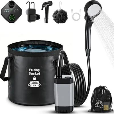 Produktbild von Faziango Camping Dusche, 6000 mAh Tragbare Campingdusche mit 20L Falt-Eimer und Duschkopf, Außendusche für Garten, Camping, Haustier und Strand