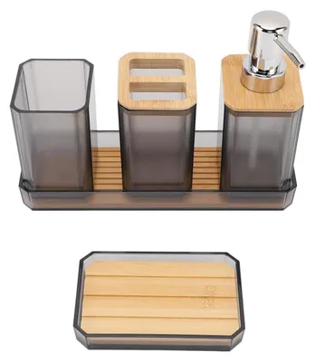Image de Ensemble de salle de bain 5 pièces, gris, en plastique et bambou, comprenant un distributeur de savon, un gobelet à brosse à dents, un gobelet, un porte-savon et un plateau