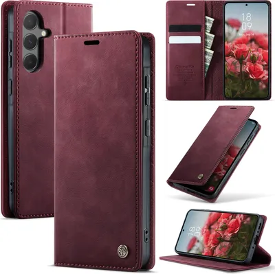 Image de Etui en cuir pour Samsung Galaxy A55, protection RFID, fermeture magnétique, fentes pour cartes et fonction stand Rouge