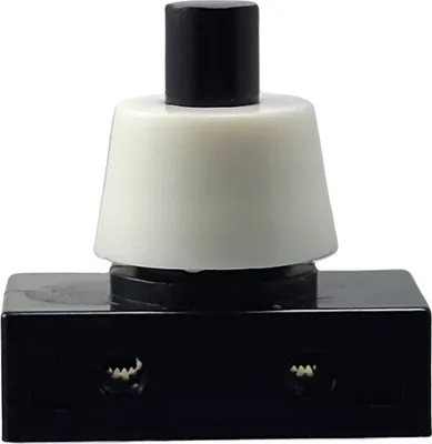 A close-up studio shot of a black and white push-button switch.
