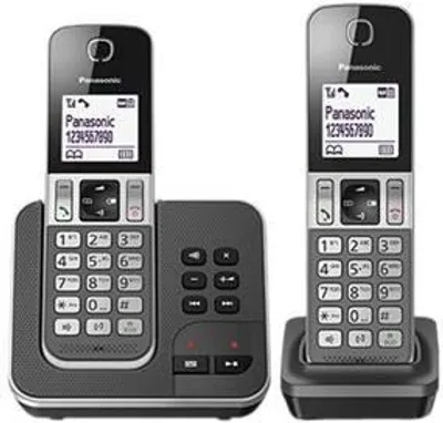 Produktbild von Panasonic KX-TGD322, DECT-Telefon, Freisprecheinrichtung, 120 Eintragungen, Anrufer-Identifikation, Kurznachrichtendienst (SMS), Schwarz, Grau