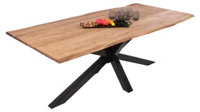 Produktbild von Esstisch Baumkante massiv Akazie eichefarben 200 x 100 cm Spider-Gestell schwarz DEREK