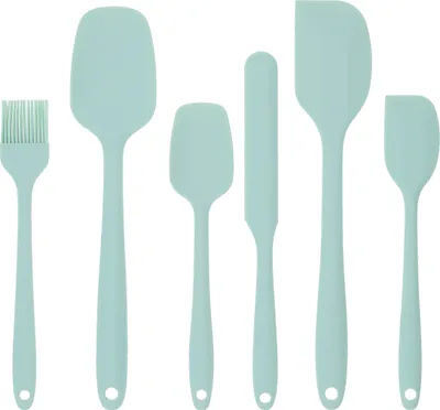 Produktbild von Krumble Spatel Set - 6er Set - Spateln - Küchenutensilien - Kochutensilien - Topfschaber - Pfannenschaber - Backpinsel - hitzebeständig - spülmaschinenfest - 6 Stück - Silikon - Hellgrün