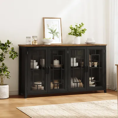 Produktbild von okwish Sideboard mit Glastüren und Viel Stauraum, Küchenschrank mit Holzoptik und einer Kippsicherung, Aufbewahrungsschrank in Schwarz