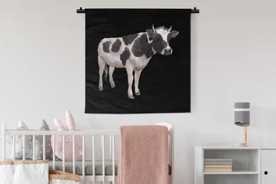 Produktbild von MuchoWow® Wandteppich Wandbehang Kuh - Zeichnung - Schwarz 90x90 cm Tapisserie Dekoration Wandtuch - Wandaufhänger