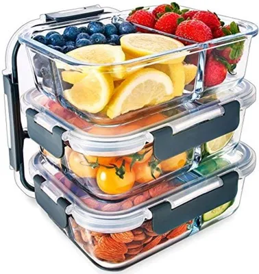 Produktbild von PolkaHome® Gläserne Mahlzeitbehälter mit 3 Fächern und luftdichten Klickdeckeln – BPA-frei, 980 ml, 21x16x7 cm, 3er Set