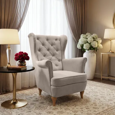 Produktbild von Beige Ohrensessel aus Velours Falco Sessel mit Holzbeine Wohnzimmersessel mit Wllenunterfederung, Stoff: paros 02 - beige