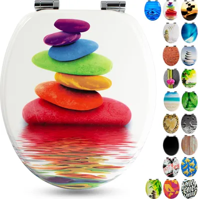 A toilet seat with a stacked stone design and a reflection in water.