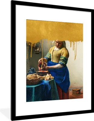 Produktbild von MuchoWow® Gerahmtes Poster Milchmädchen - Gold - Alte Meister 60x80 cm - Poster mit Schwarzem Bilderrahmen Wandposter Rahmen Foto Bilder - Wohnzimmer - Dekorationen - Prämie