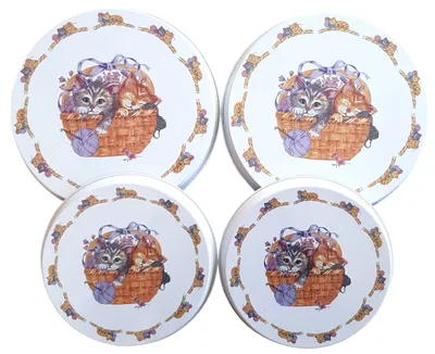 Produktbild von Trendstern Trendprodukteshop Aluminium Herdabdeckplatten 4 er Set Nostalgie Kätzchen Katze Küchen Motiv, Weiß