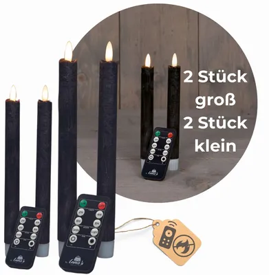 Produktbild von Sparset Stabkerzen LED mit Timer Klein+Groß SCHWARZ 4 Stück indoor - 6 Stunden - ECHTWACHS 18cm+23cm Höhe für Kerzen 2,2cm Durchmesser 2 AAA Batterien notwendig LED Stabkerzen flackernde Flamme